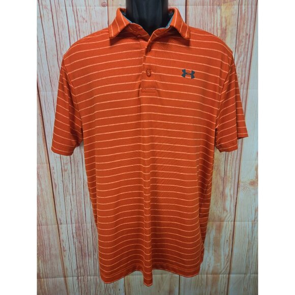Under Armour Playoff Polo Shirt Medium Orange Striped Polyester Mens Golf Shirt - Picture 1 of 8